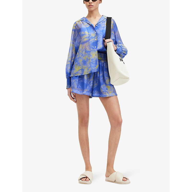Shop Allsaints Isla Graphic-print Relaxed-fit Woven Shirt In Electric Blue