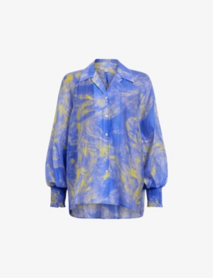 Shop Allsaints Women's Electric Blue Isla Graphic-print Relaxed-fit Woven Shirt