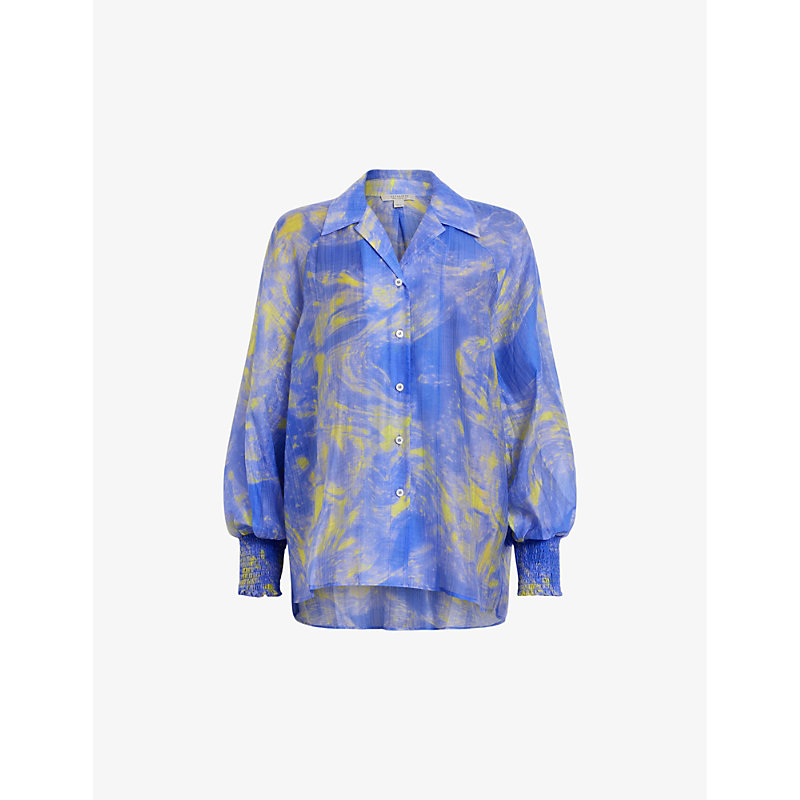 Shop Allsaints Women's Electric Blue Isla Graphic-print Relaxed-fit Woven Shirt