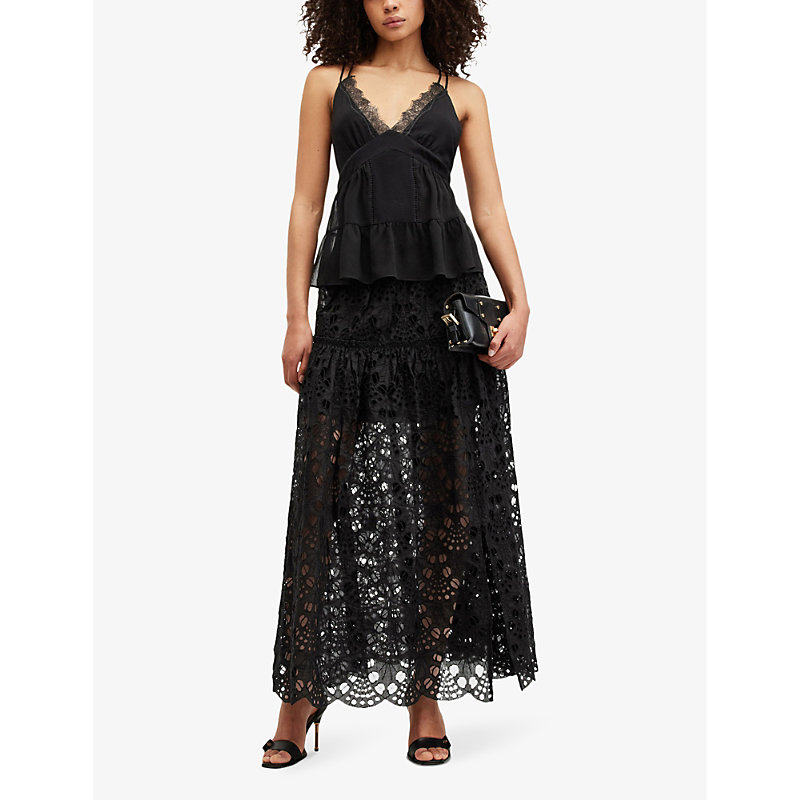 Shop Allsaints Women's Black Rosie Openwork-lace Midi Skirt