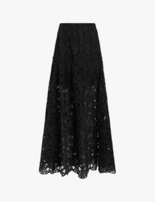 Shop Allsaints Womens Black Rosie Openwork-lace Midi Skirt