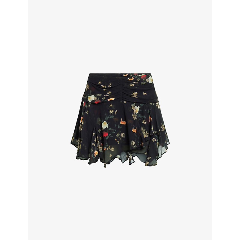 Shop Allsaints Womens Black Erica Kora Floral-print High-rise Woven Mini Skirt