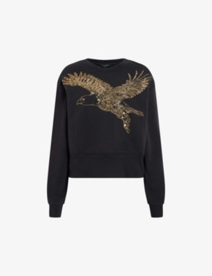 Shop Allsaints Women's Black Flite Separo Bird-embroidered Cotton Sweatshirt