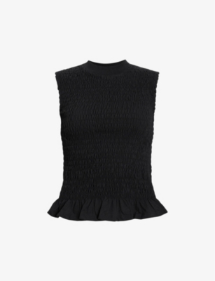 Shop Allsaints Women's Black Ode Round-neck Shirred Organic-cotton Tank