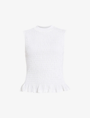 Shop Allsaints Women's Chalk White Ode Round-neck Shirred Organic-cotton Tank