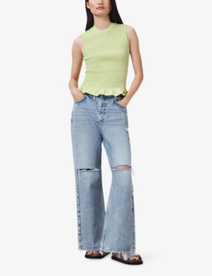 Allsaints Womens Ode Round-neck Shirred Organic-cotton Tank Jade Green In Jade Green