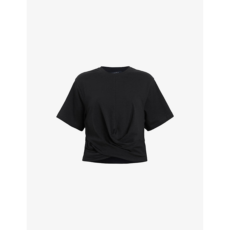 Shop Allsaints Womens Black Mallinson Cross-over Cropped Cotton T-shirt