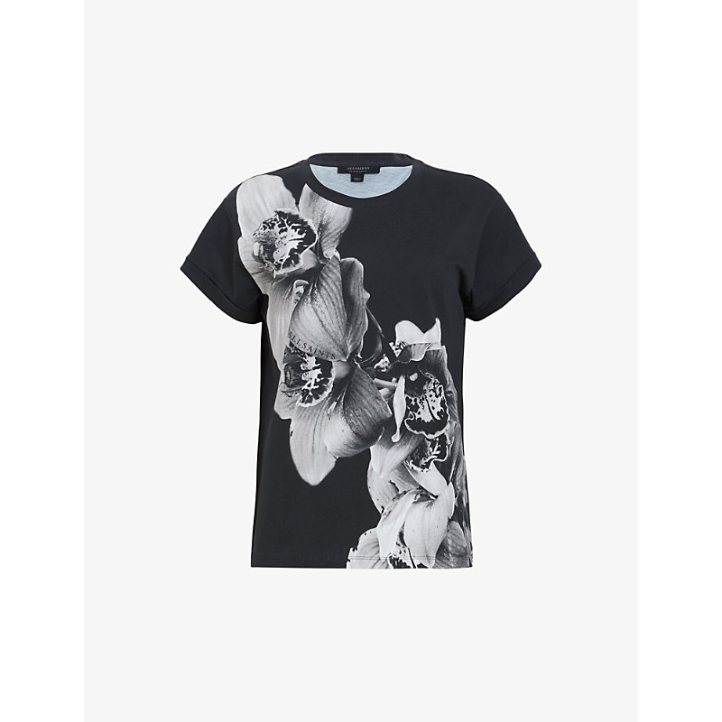 Shop Allsaints Women's Black Anna Eulo Floral-print Short-sleeve Organic-cotton T-shirt