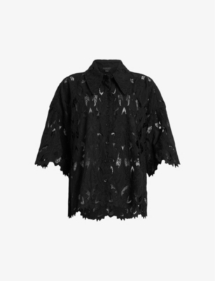 Shop Allsaints Women's Black Charli Lace-embroidered Short-sleeve Woven Shirt