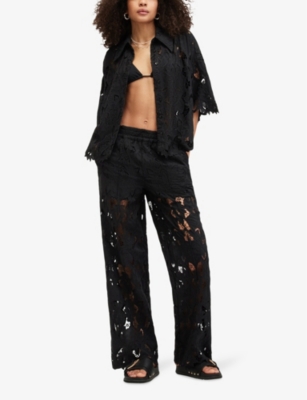 Shop Allsaints Charli Lace-embroidered Elasticated-waist Woven Trousers In Black