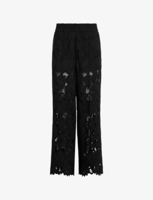 Shop Allsaints Charli Lace-embroidered Elasticated-waist Woven Trousers In Black