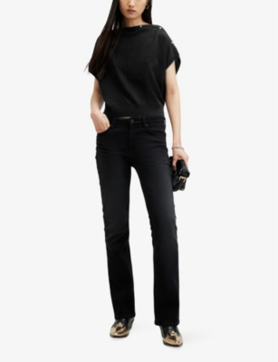 Allsaints Womens Black Eli Studded Wool-blend Top In Black