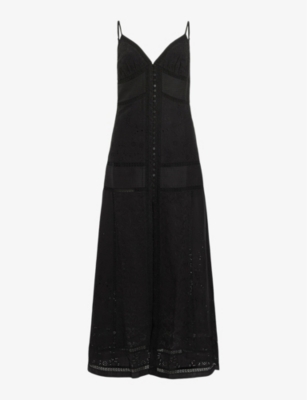 Allsaints Womens Black Dhalia Embroidered Organic-cotton And Modal Midi Dress