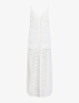 Shop Allsaints Women's Off White Dhalia Embroidered Organic-cotton And Modal Midi Dress