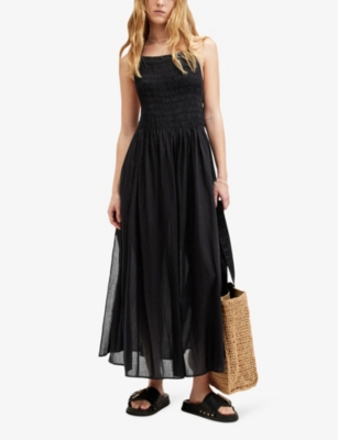 Shop Allsaints Iris Shirred Cotton Midi Dress In Black