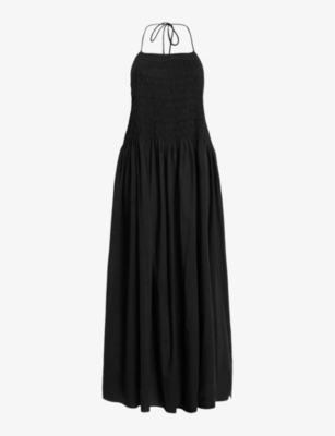 Shop Allsaints Iris Shirred Cotton Midi Dress In Black