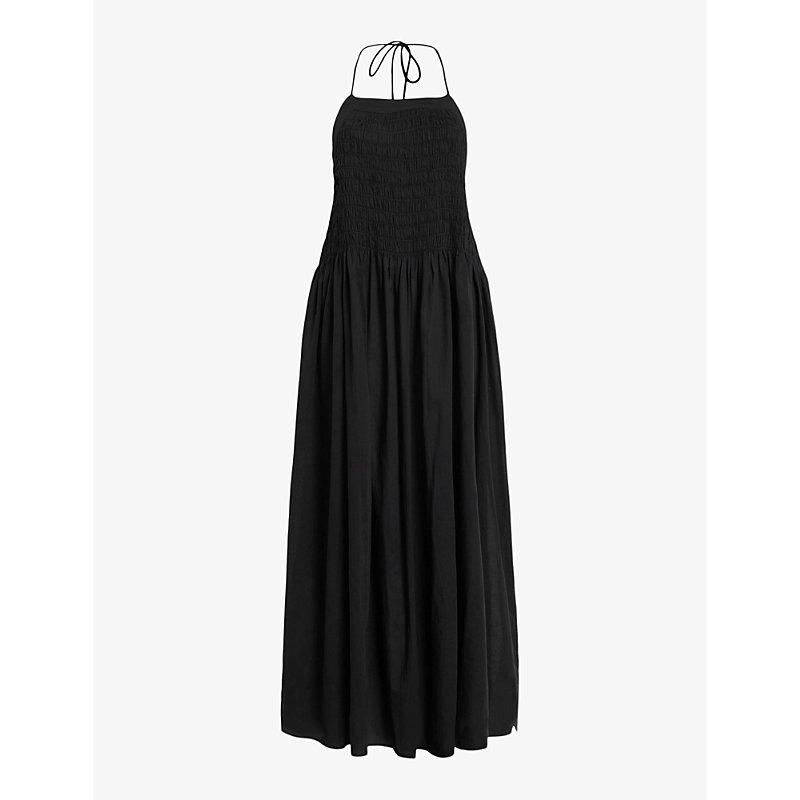Shop Allsaints Women's Black Iris Shirred Cotton Midi Dress