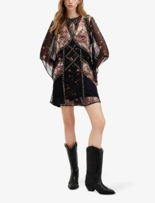 Shop Allsaints Lucia Kora Sequin-embellished Floral-print Woven Mini Dress In Black