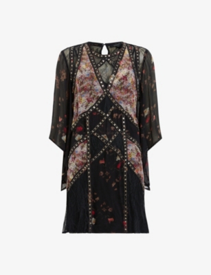 Shop Allsaints Lucia Kora Sequin-embellished Floral-print Woven Mini Dress In Black