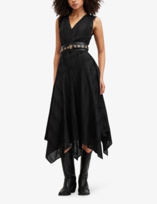 Shop Allsaints Women's Black Avania Handkerchief-hem Organic-cotton Midi Dress