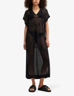 Shop Allsaints Women's Black A-star Star-embroidered Sleeveless Mesh Maxi Dress