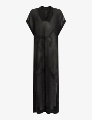 Shop Allsaints Women's Black A-star Star-embroidered Sleeveless Mesh Maxi Dress