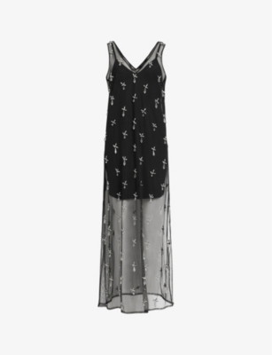 Allsaints Womens Black Kai Crystal-embellished Sleeveless Woven Midi Dress