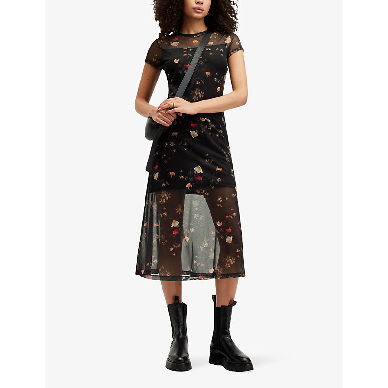 Shop Allsaints Women's Black Hanna Kora-print Stretch-mesh Midi Dress