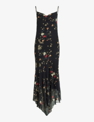 Shop Allsaints Women's Black Charlotte Kora Floral-print Woven Midi Dress