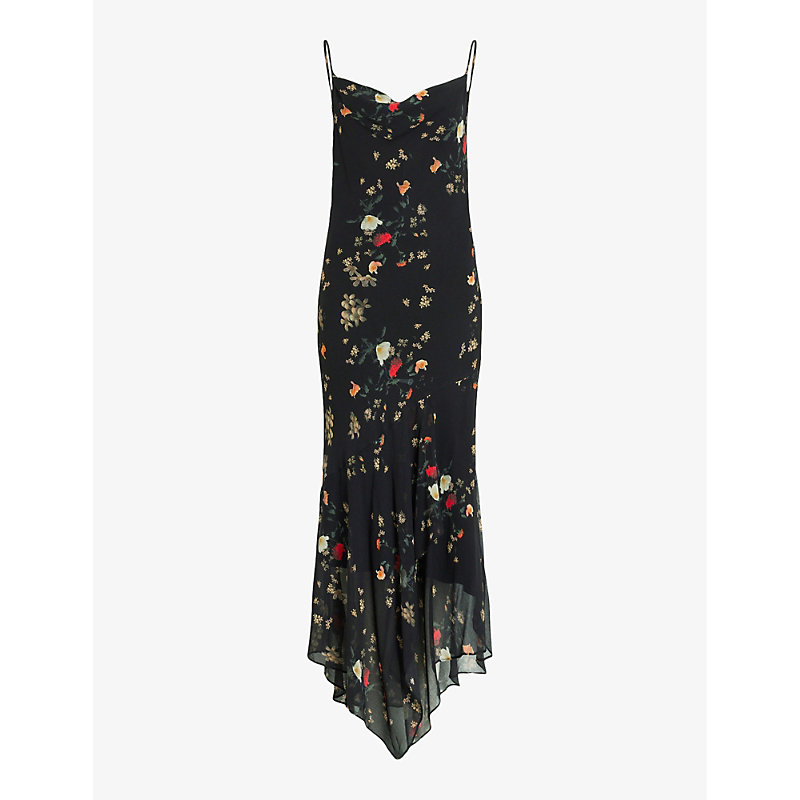 Shop Allsaints Women's Black Charlotte Kora Floral-print Woven Midi Dress