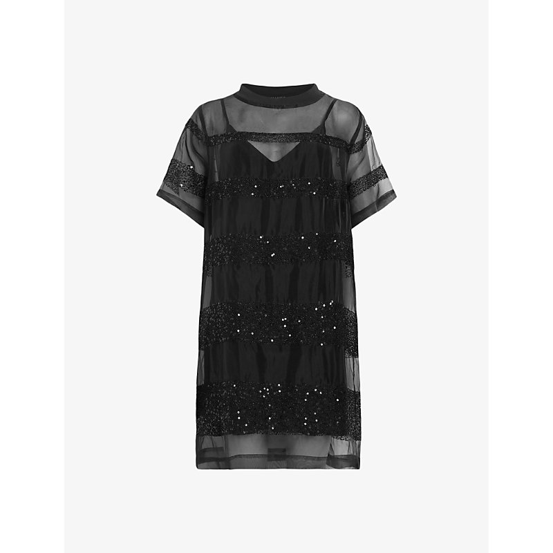 Shop Allsaints Women's Black Izabela Sequin-embellished Short-sleeve Mini Dress