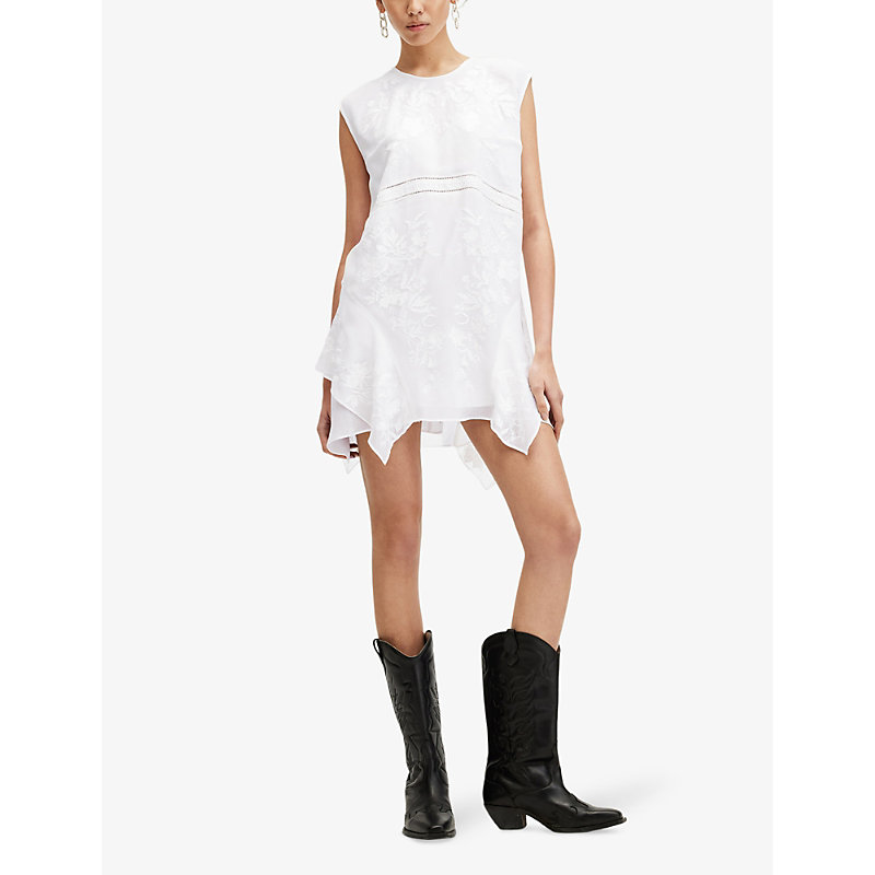 Shop Allsaints Audrina Floral-embroidered Sleeveless Woven Mini Dress In White