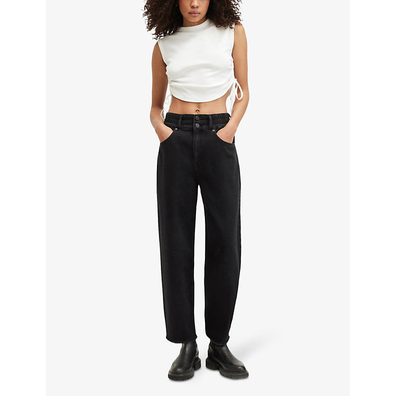 Shop Allsaints Hailey Elasticated-waist Frayed-hem Denim Jeans In Washed Black