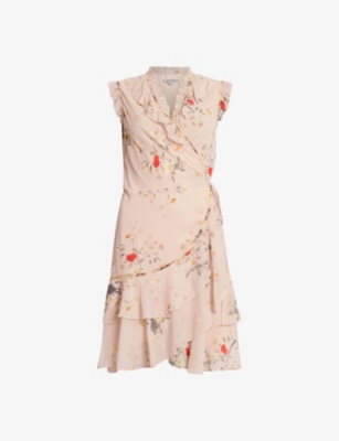 Allsaints Ari Kora Floral Print Ruffle Wrap Mini Dress In Pink In Dusty Pink