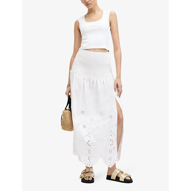 Shop Allsaints Women's Off White Alex Embroidered-broderie Cotton Midi Skirt