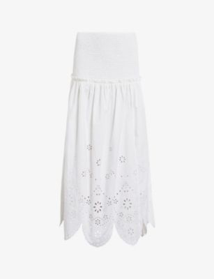 Allsaints Womens Off White Alex Embroidered-broderie Cotton Midi Skirt
