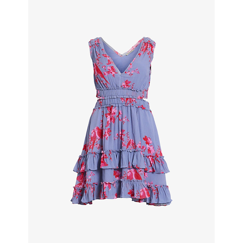 Shop Allsaints Mikayla Floral-printed Organic-cotton Mini Dress In Neon Pink