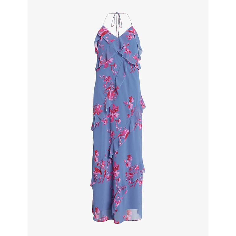 Shop Allsaints Marina Floral-print Organic-cotton Maxi Dress In Neon Pink