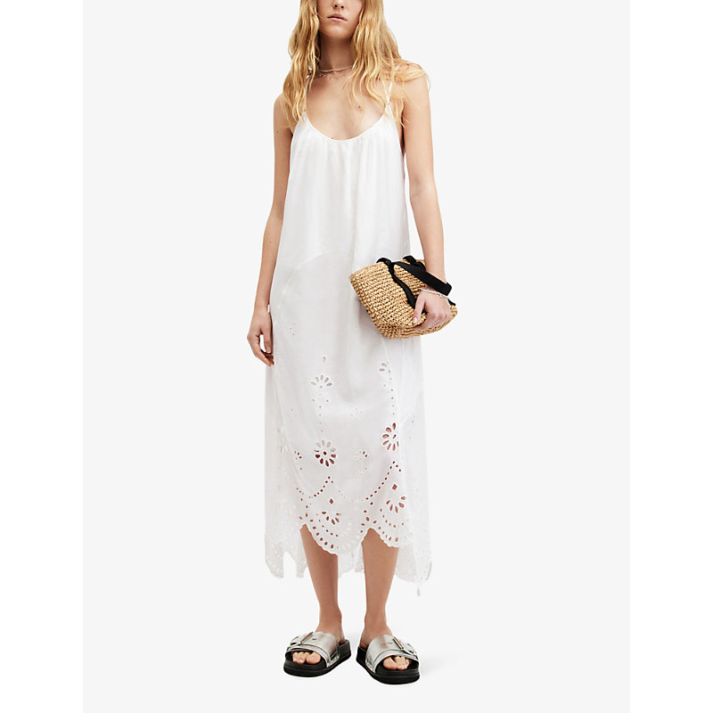 Shop Allsaints Areena Relaxed-fit Embroidered Organic-cotton Midi Dress In Optic White