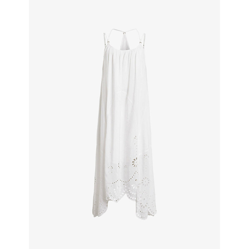Shop Allsaints Areena Relaxed-fit Embroidered Organic-cotton Midi Dress In Optic White