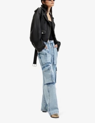 Shop Allsaints Women's Light Indigo Echo Cargo Wide-leg Mid-rise Organic-cotton Jeans