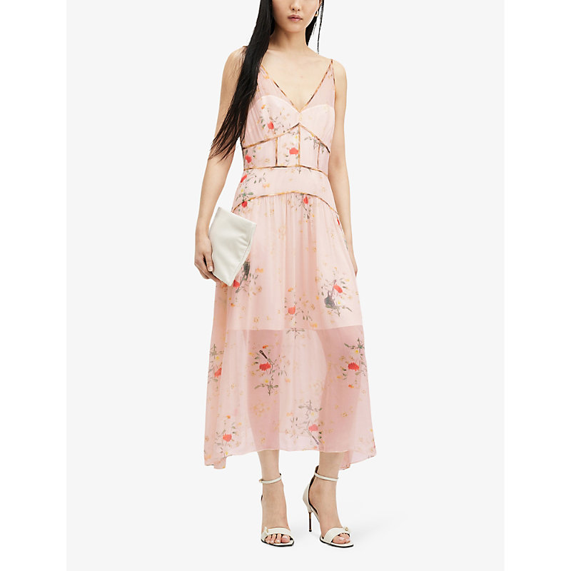 Shop Allsaints Women's Dusky Pink Kora Floral-print Stretch-woven Midi Dress