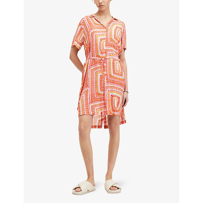 Shop Allsaints Luisa Graphic-print Woven Midi Dress In Blood Orange