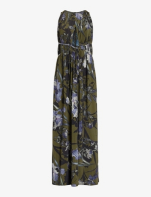 Shop Allsaints Women's Deep Khaki Gre Kaya Batu Floral-print Cut-out Stretch-woven Maxi Dress