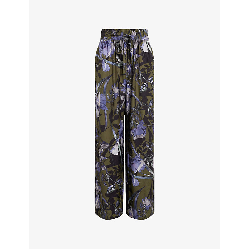 Shop Allsaints Tyler Batu Floral-print High-rise Woven Trousers In Deep Khaki Gre