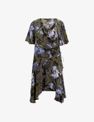 Shop Allsaints Meagan Batu Floral-print Ruffle-trim Woven Mini Dress In Deep Khaki Gre
