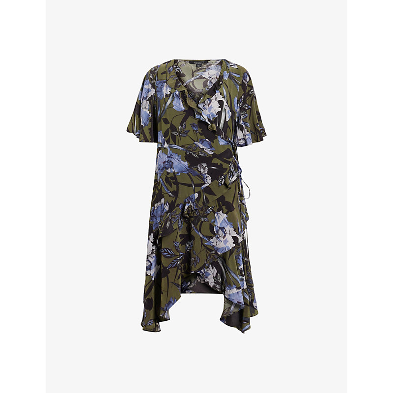Allsaints Womens Deep Khaki Gre Meagan Batu Floral-print Ruffle-trim Woven Mini Dress