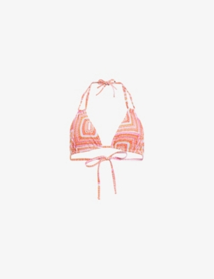 Shop Allsaints Women's Luisa Orange Luisa Graphic-print Tie-neck Stretch-woven Bikini Top
