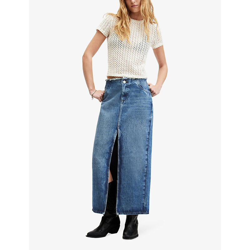 Shop Allsaints Women's Mid Indigo Cyra Frayed-waist High-rise Denim Maxi Skirt