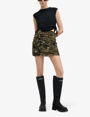 Shop Allsaints Womens Khaki Green Gloria Floral-print Stretch-woven Mini Skirt